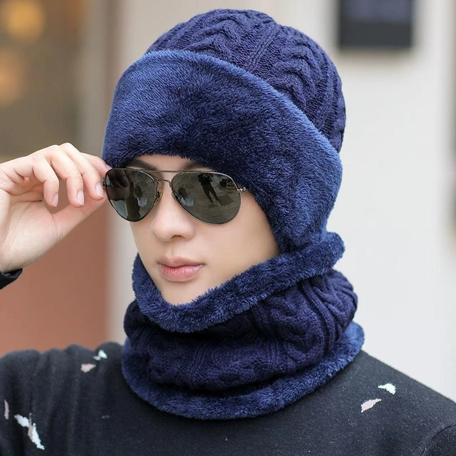 New Unisex Add Fleece Lined Winter Hat Wool Warm Knitted Hat Set Thick Soft  Stretch Winter