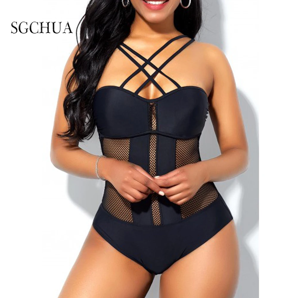 SGCHUA 2020 New Sexy Black Lace One Piece Swimsuit Women Solid Mesh Plus Size XXL Swimwear See Through Beach Shape Bathing Suit