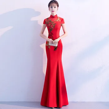 

Traditional Red Mermaid Lady Cheongsam Retro Chinese Bride Dress Exquisite Embroidery Flower Qipao Elegant Long Slim Vestidos