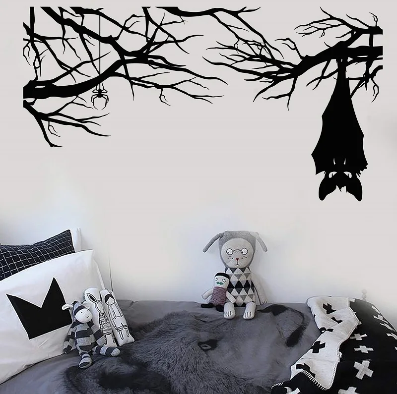 Vinyl Wall Decal Cartoon Gothic Spider Bat On Branch Halloween Stickers