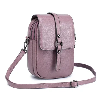 

New Multi-function Mini Woman Shoulder Bag Cowskin Leather Crossbody Bags Double Layer Zipper Flap Mobile Phone Wallet Case