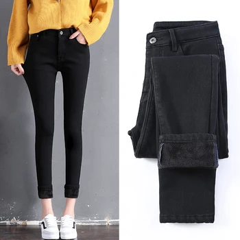 

Winter new high waist plus velvet jeans female 2019 thick large size stretch Slim long pants fashion wild casual pencil pants