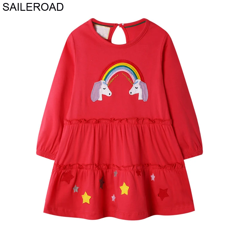 SAILEROAD 2-7Year Животных Аппликации Малыша Новорожденных Девочек Карманные Платья Vestidos Осень Единорог Детские Платья для Девочек Платье