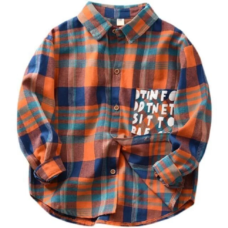 Boys' shirt Spring and autumn Style boys' plaid lapel long-Sleeve plaid Shirt Boys' letter Shirt Casual wear