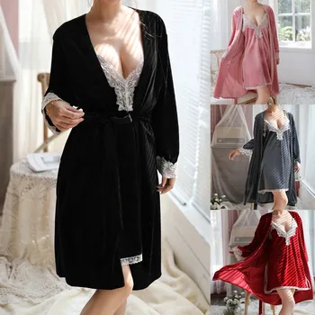 

Sexy Wireless Rimless Pajamas Lace Nightdress Silk Underwear Women Sleepwear Robe and Gown Set 2020 pyjama femme FJSL