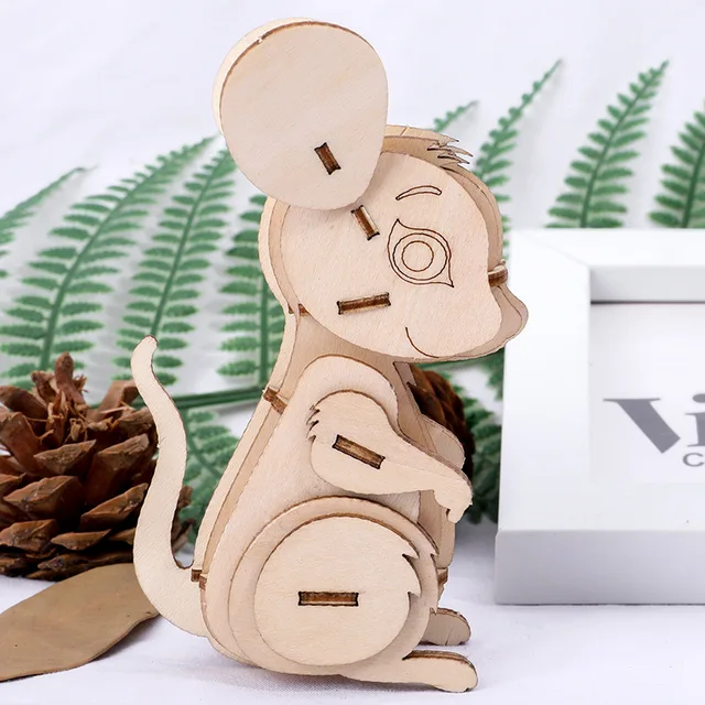 DIY 3D Animal Puzzle Creative Handmade Wooden Puzzles Toys for Children Adult Model Intellectual Education Deer Monkey Jigsaw Mouse