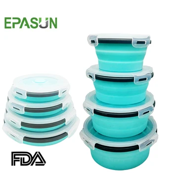 

EPASUN Round Silicone Folding Portable Bento Box Collapsible Lunch Box for kid Food Dinnerware Microwave Food Storage Container