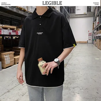 

LEGIBLE Summer New Tshirt Men Letter Ptinted Male Loose Short Sleeve T Shirt Men Mandarin Collar Casual Korean T-Shirts