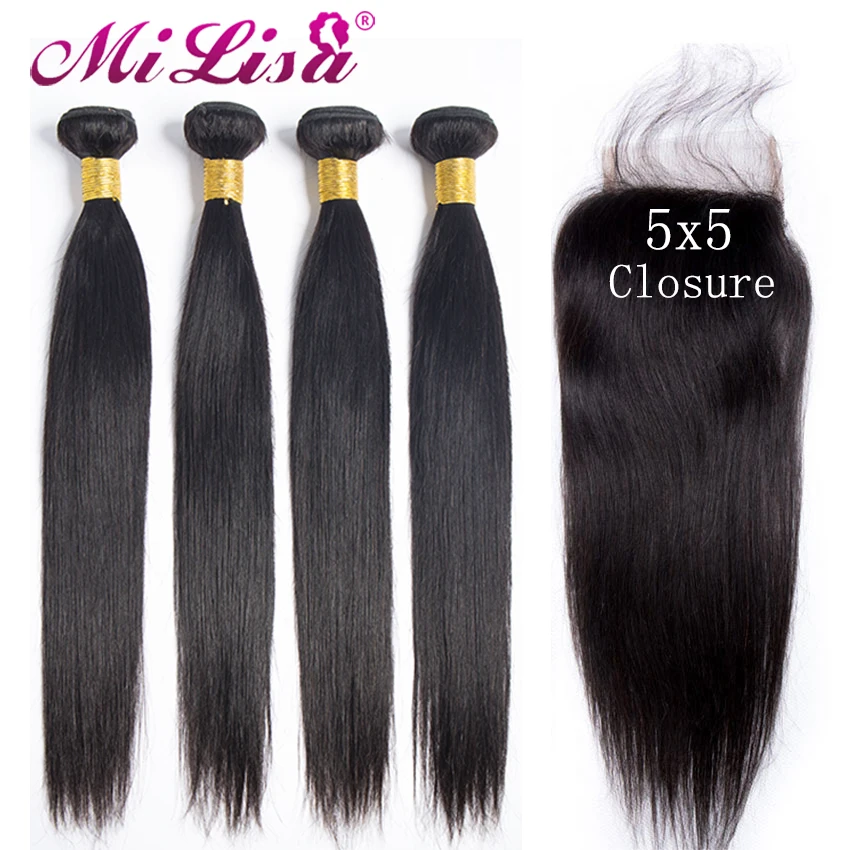 

10- 30 inch Bundles With Closure Peruvian Straight Hair Bundles With Closure Mi Lisa Remy Human Hair 5x5 Closure With 3 Bundles