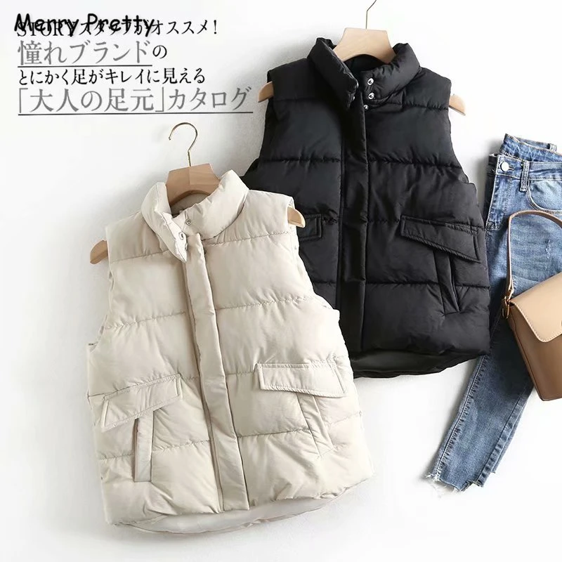 

Merry Pretty Women's Solid Single Breasted Cotton Vest Coat 2019 Autumn Winter Sleeveless Mandarin Collar Warm Pocket Waistcoat