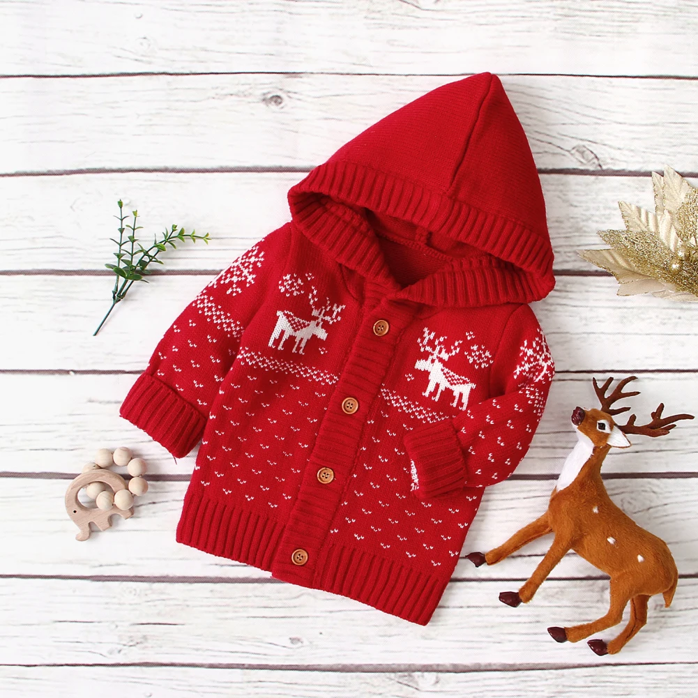 Рождество Одежда для маленьких мальчиков и девочек вязаное, тёплое, зимнее свитер Пальто с капюшоном и длинными рукавами Верхняя одежда, куртки