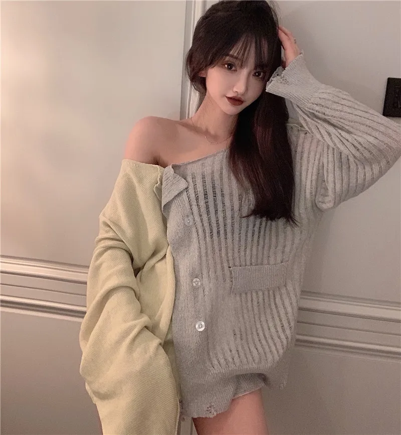

WHITNEY WANG 2019 Autumn Fashion Streetwear Colors Contrast Torn Edges Cardigan Women Sweater Jumper sueter mujer invierno