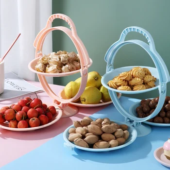 

Foldable Rotating Fruit Plate Multi-saving 2 Layer Fruit Bowl Snack Cake Dessert Display Stand Candy Dish Living Room Tableware