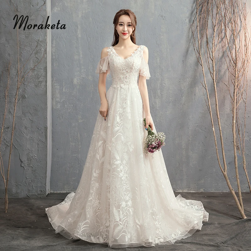 

Sexy V-neck Shoulder Straps Lace Wedding Dresses 2020 Plus Size Wedding Gowns With Train