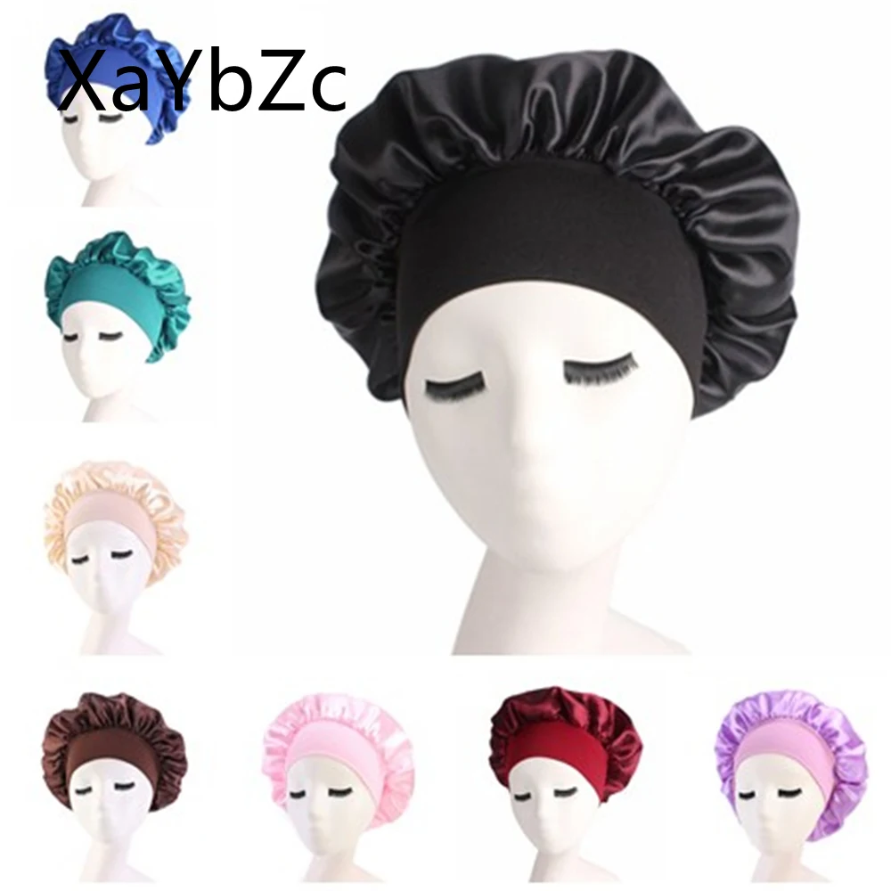 Newly Women's Satin Solid Sleeping Hat Night  Hair Care Bonnet Nightcap For Women Men Unisex Cap 1