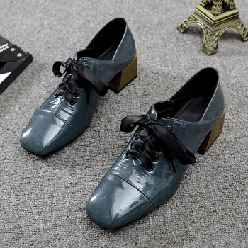 

Spring new high heel women Square head mid heel women shoes Dark green patent leather high heels woman heeled shoes talon femme