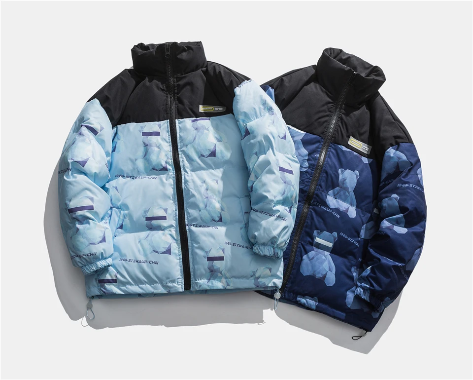 Branded Men's Winter Puffer Down College Jacket Clothing for Men High Quality Stand Collar Cute Bear Print Women's Winter Coat fur lined parka