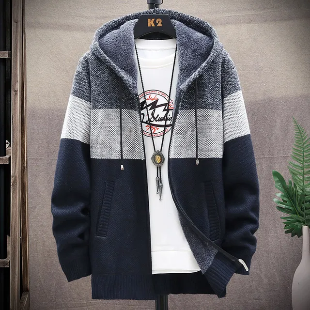 Men's Striped Cardigan Winter Sweater Hooded Faux Fur Wool Cold Blouse Casual Windbreaker Fleece Jumper Knit Korean Jacket 6