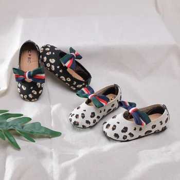 

Girls Princess Shoes Bowknot Leopard Kids Casual Single Shoes Flying Woven Children Shoes Breathable Summer Flats Dress Shoes