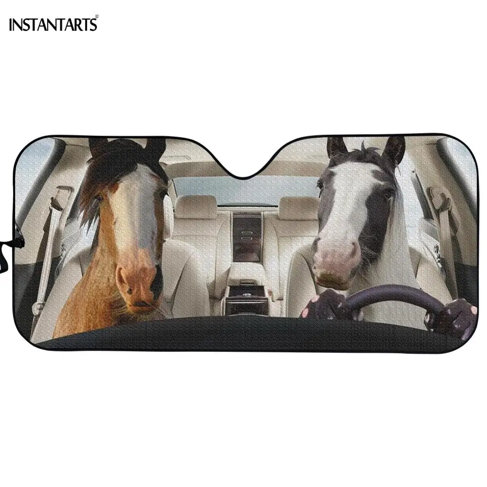 

INSTANTARTS 3D Crazy Horse Driving Printed Universal Auto Sunshade Summer Car Front Window Protect Sun Visor for Car Windshield