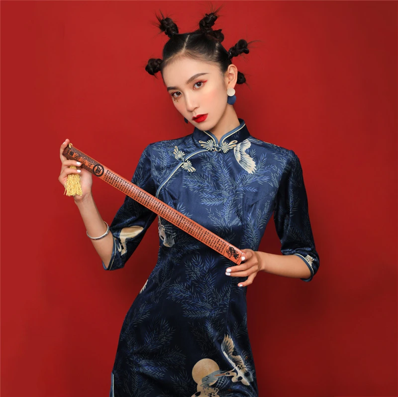 Женское платье Чонсам голубое винтажное замшевое Qipao сексуальное длинное платье весна осень повседневное женское свадебное платье тонкое уличная одежда