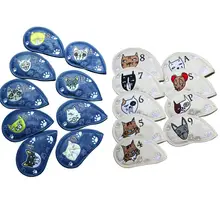 9 Pcs Tragbare Golf Club Headcovers Nette Cartoon Katze Muster PU Wasserdichte Fairway Hybrid Putter Abdeckung Set Vintage