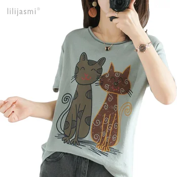 

Sale Summer Women's Rolled O-neck Knitted 100 Cotton Cats T-shirt Cartoon Pattern Pure Cotton Tees Short Sleeve Pullover Sweater