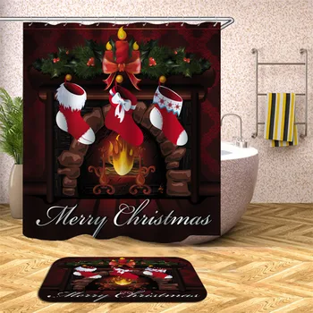 

Christmas Stocking Fireplace Bathroom Polyester Shower Curtains Set With Rings Merry Xmas Funny Cat Red High-heeled Shoes Screen