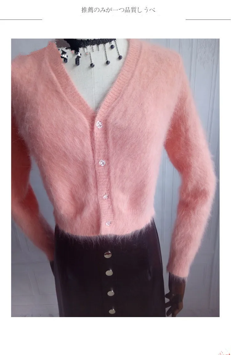 Women New Long Fur Mink Cashmere Sweater Small Coat Super Short Knitted Cardigan V-Neck With Long Sleeve Shawl JNS014 5
