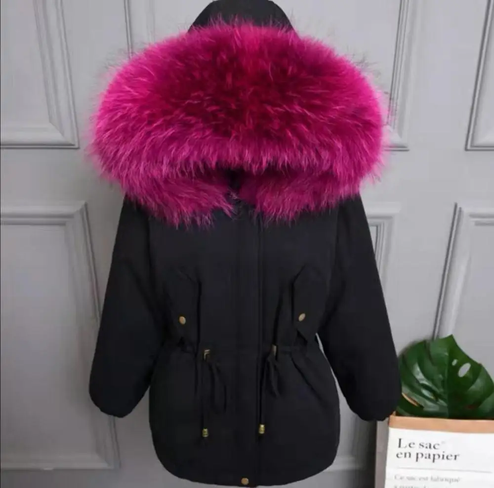 Зимнее женское черное пуховое пальто с воротником из меха енота, Рождественская куртка с капюшоном, верхняя одежда, рождественский подарок - Цвет: Бургундия