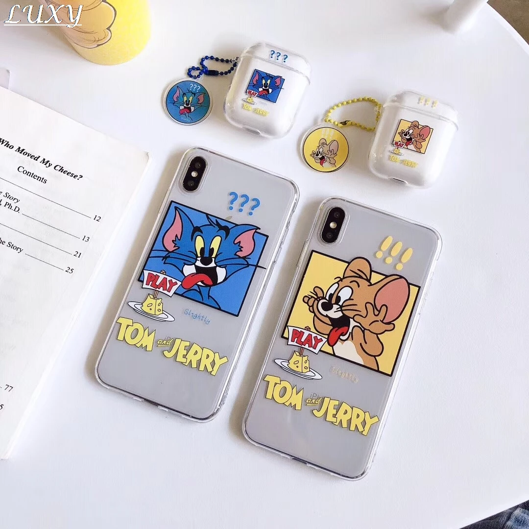 

Cute Cartoon TOM JERRY cover for iPhone 11 Pro 7 8 6 s Plus X XS MAX Xr Wireless bluetooth headset for Airpods candy soft case