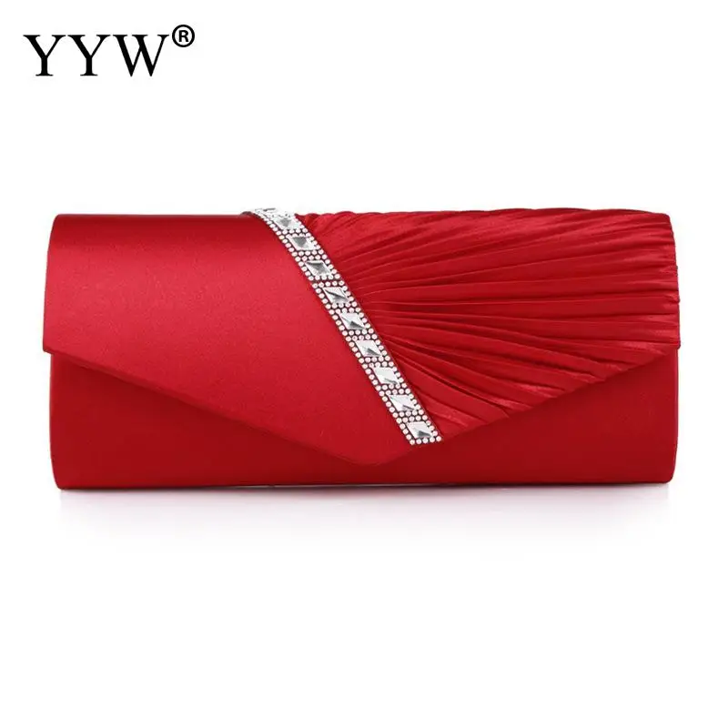 

Folds Rhinestone Decor Chain Clutch Bags For Women 2021 Red Evening Party Clucth Envelope Bag Female Girl Luxury Shoulder Pouch