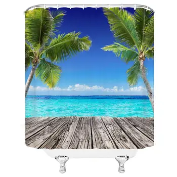 

Ocean Shower Curtain Azure Sea Tropical Palm Tree Retro Wooden Board Sea Beach Summer Holiday Cloth Fabric Bathroom Decor Set
