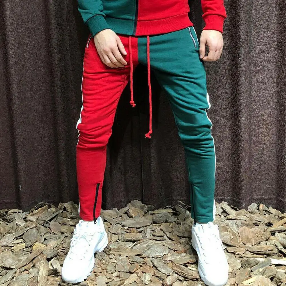 Red green pants Мужской спортивный костюм, толстовка с капюшоном, топ и штаны, для бега, для спортзала, простой, на молнии, на шнурке, с карманом, в полоску, сплайсинг, тонкий, персональный костюм - Цвет: Red green pants