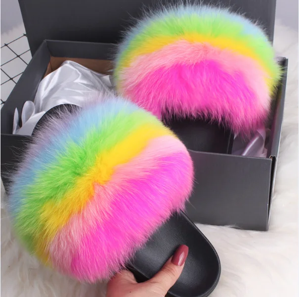 2021 Hot Sale Women Real Fox Fur Slippers Multi-color Summer Fashion Slides Casual Female Furry Shoes As picture