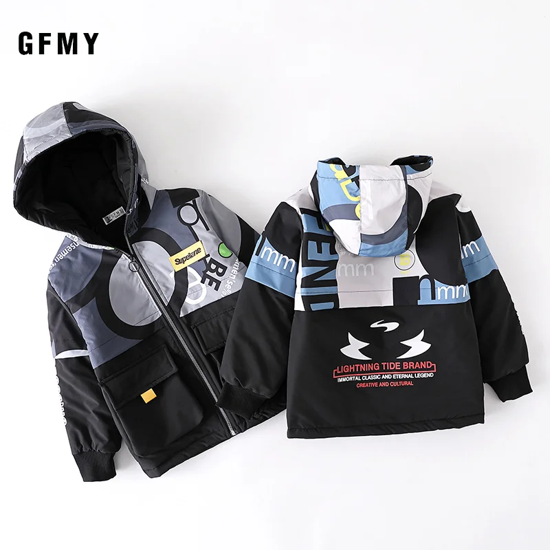 

GFMY Winter Camouflage Stitching Hooded Outdoor Boy Cotton Coat Waist Drawstring Thick warm 5-16 year Big Children's Jacket