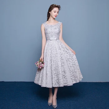 

Elegant O Neck Lace Evening Dress Robe De Soiree Sleeveless Evening Gown Midi Long Party Prom Dress