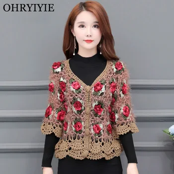 

OHRYIYIE Floral Embroidery Single Breasted Cardigan Women 2020 Spring Summer Casual Knitted Sweater Ladies Hollow Tricot Sweater