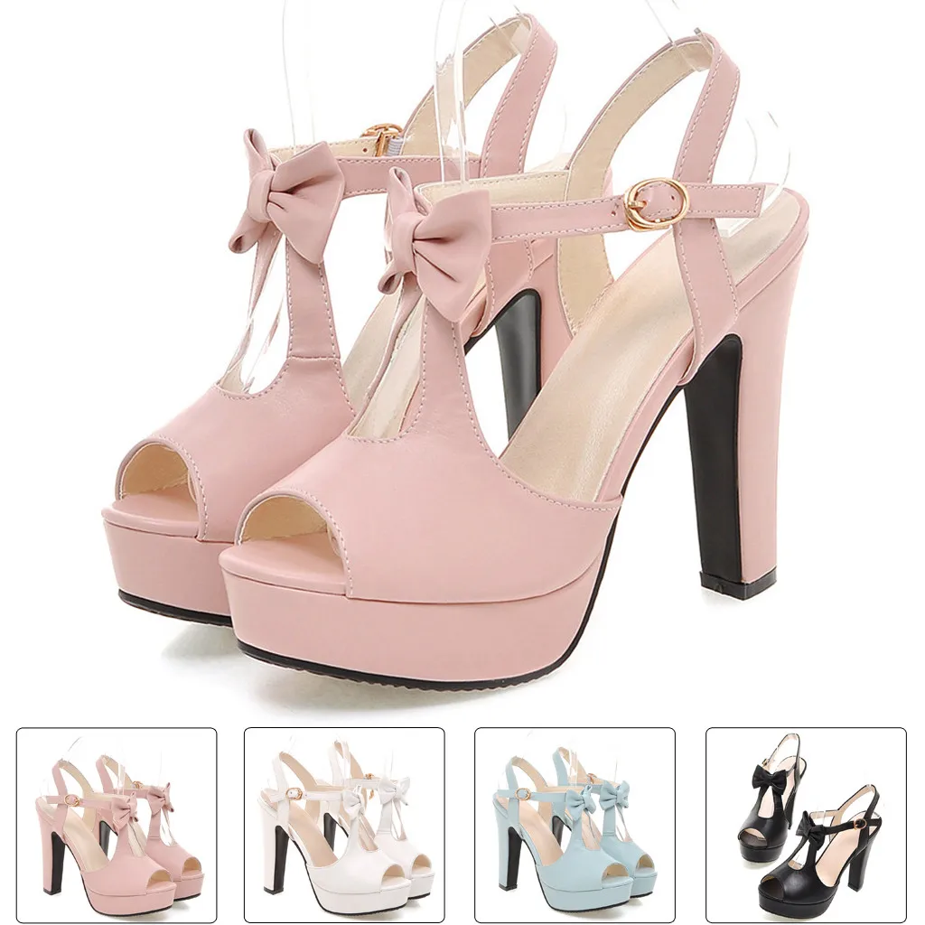 

Women's Plus Size Sandals Ladies Peep Toe Bowknot Strap Buckle High Heel Summer Shoes woman soild Sandals sandalia feminina #Y