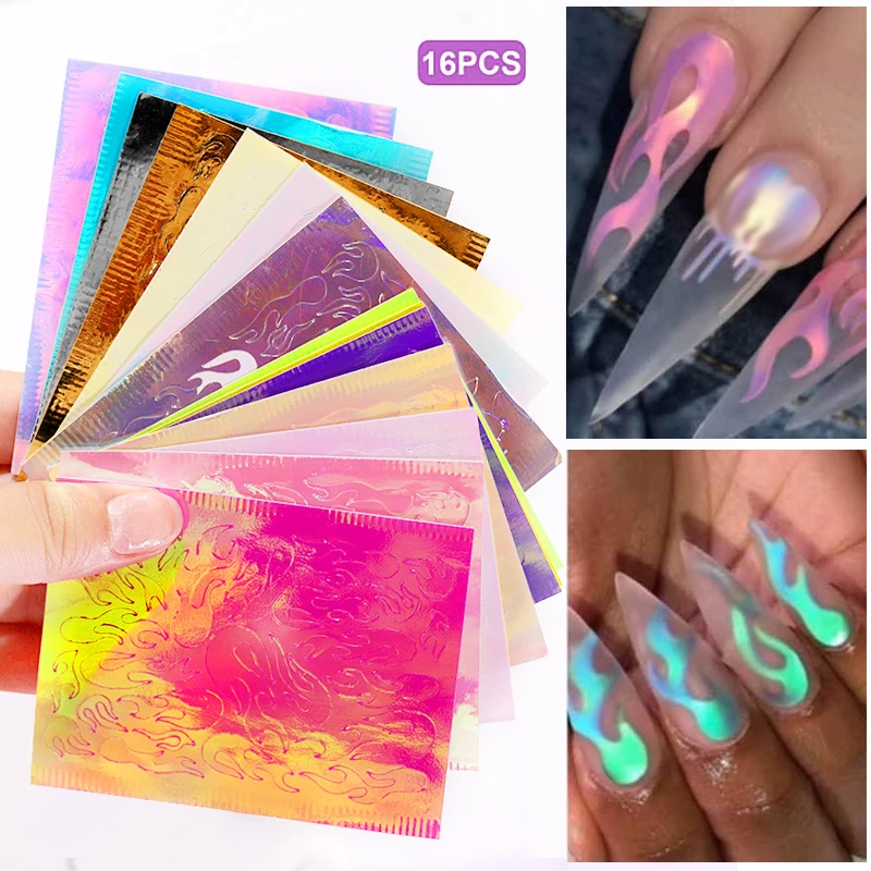 

16pcs Flame Nail Sticker Set Aurora Fire Nail Holographic Strip Tape Adhesive Thin Laser Stickers Manicure Nail Art Decorations