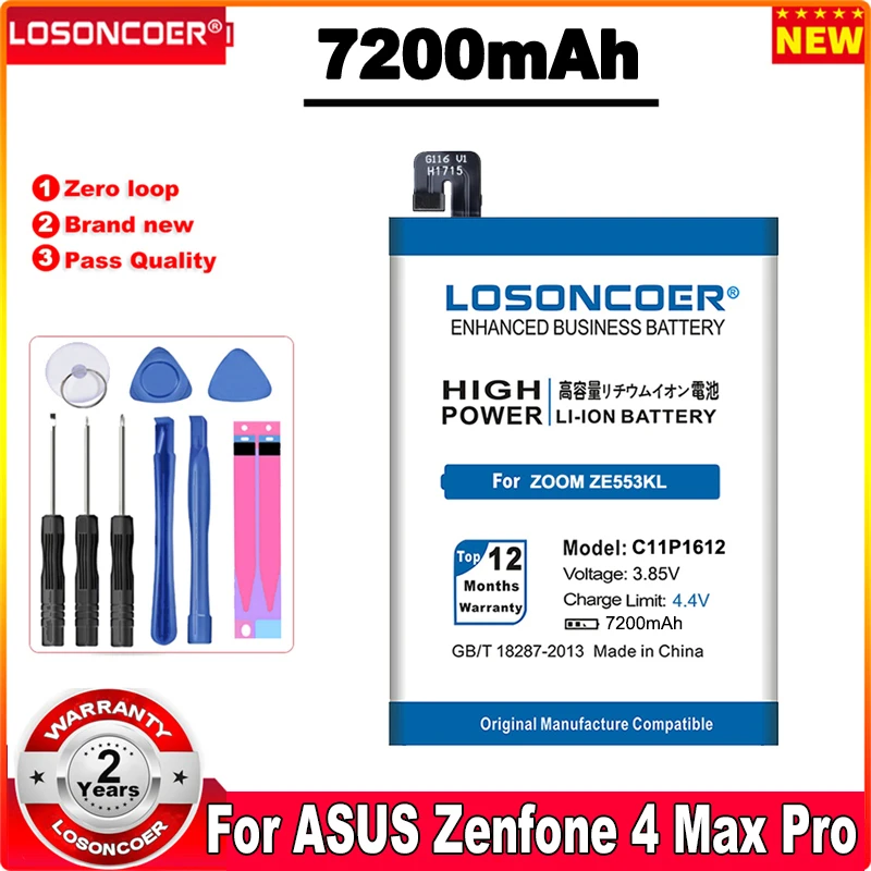 

LOSONCOER 7200mAh C11P1612 For ASUS Zenfone 4 Max Pro Plus ZC554KL X00ID 3 Zoom ZE553KL Z01HDA Phone Battery