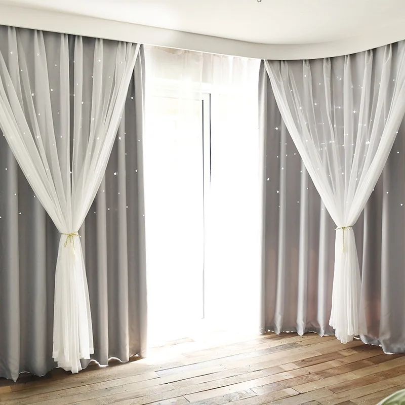 Fashion korean style pink hollow star kids curtains double layer black out window curtains for living room decorative - Цвет: Grey