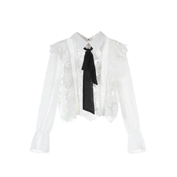 

2020 Spring New Lace Patchwork Blouse Casual Women Tie Bow Long Sleeve Shirt Top