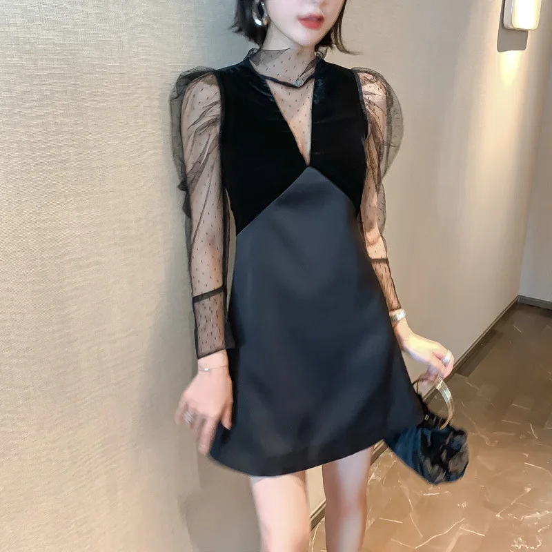 Женское вечернее платье с воротником стойкой элегантное Сетчатое винтажное