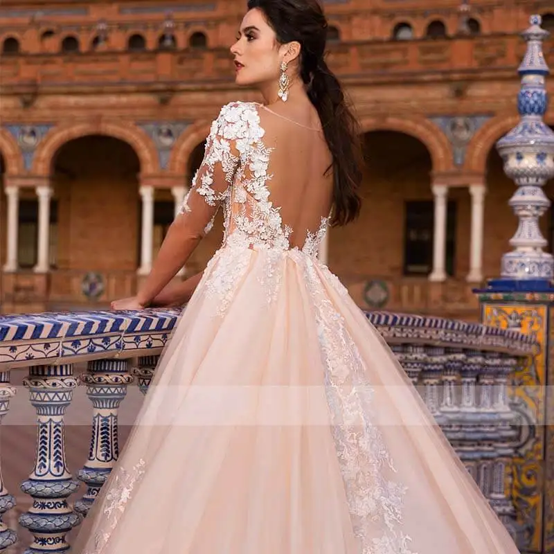 Vestidos De Novia сексуальные иллюзии с полурукавом и вырезом на спине свадебное платье винтажные кружевные аппликационные цветы линии Свадебные платья