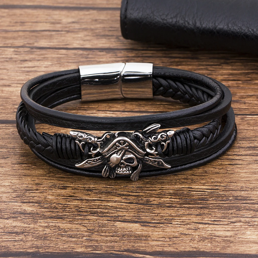 Charm Stainless Steel Jewelry Pirate Braided Black Handmade Genuine Leather Bracelets For Men Magnetic Rope Accessories
