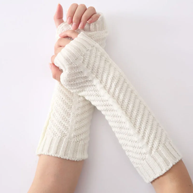 Новые зимние женские теплые одноцветные перчатки с рыбьими костями длинные вязаные шерстяные варежки без пальцев - Цвет: White