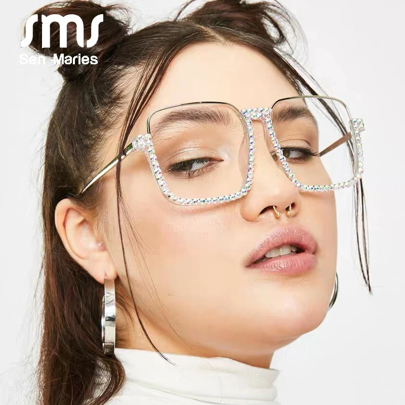 

Sen Maries Diamond Square Sunglasses Women Fashion Clear Lens Crystal Frame Gradient Blue Tea Elegant Female Eyewear UV400