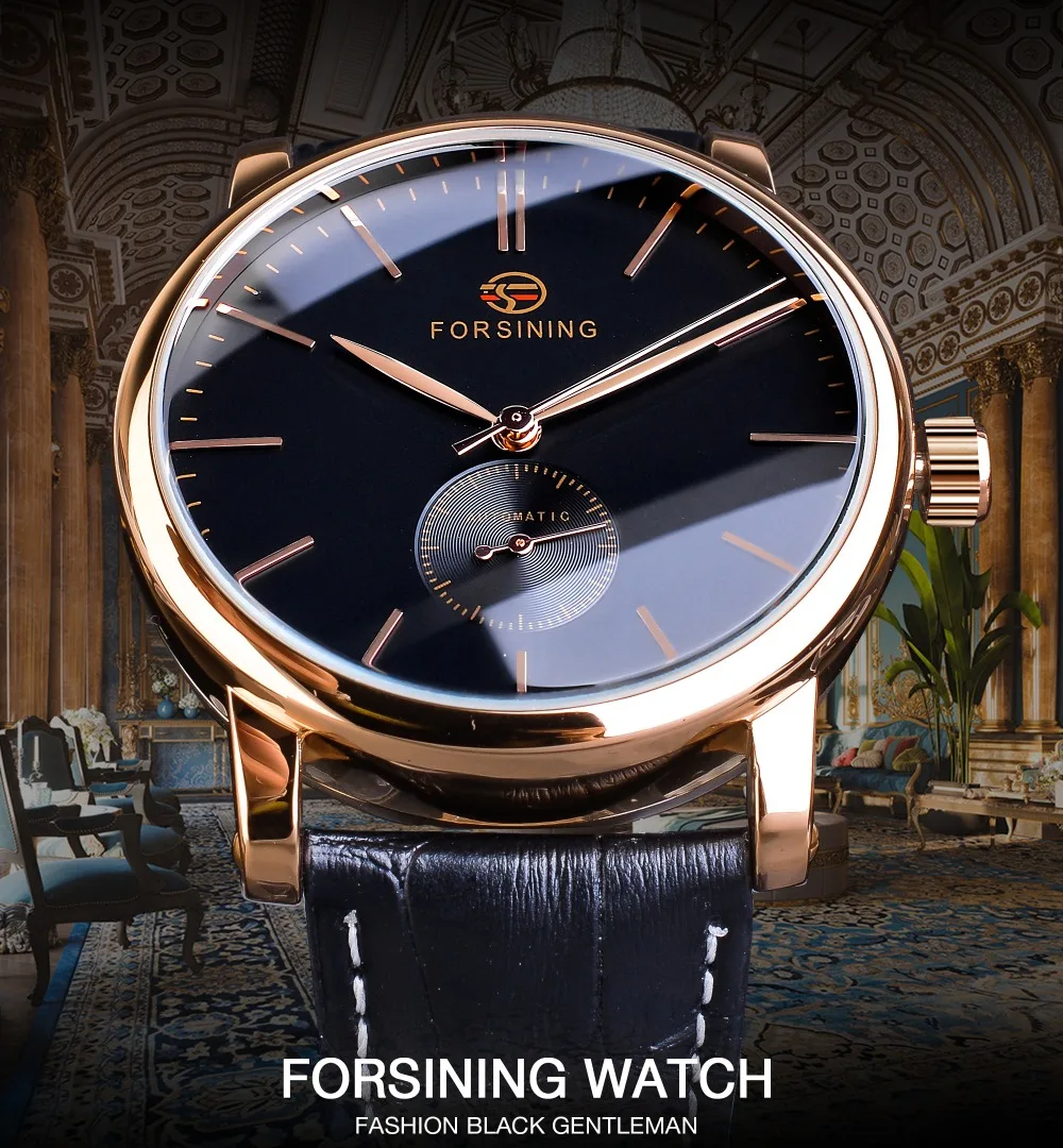 Forsining простые мужские механические часы с автоматическим суб циферблатом черные ультра-тонкие аналоговые часы из натуральной кожи наручные часы Horloge Mannen