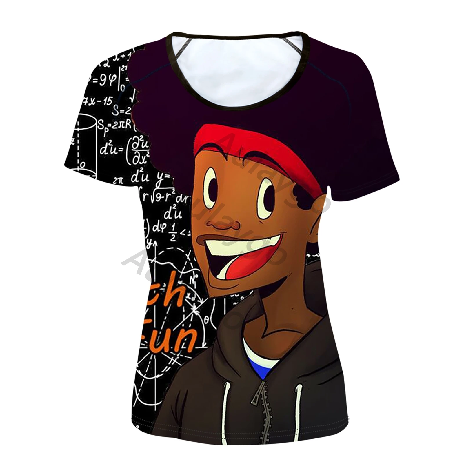

Aulaygo New Fashion T Shirt Cartoon African Boy Math Formula Printing Summer Short Sleeve Comfortable Tops Female High Quality